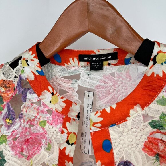 Michael Simon Floral Lace Silk Trim Jacket Size P L Orange Red Sheer Lightweight - Picture 13 of 16